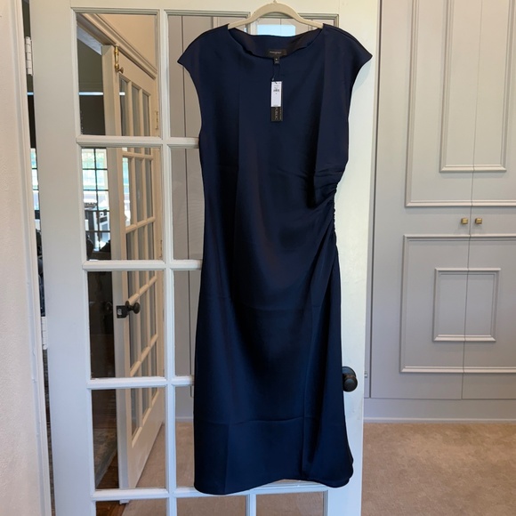 Banana Republic Shirred-Side Navy Satin Midi Dress - Picture 2 of 5
